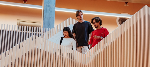 En gruppe studenter sitter og noterer og har en samtale. Foto