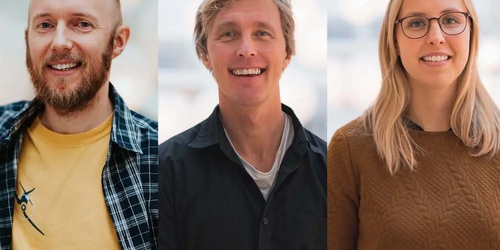 En collage av tre personer som ser mot kamera og smiler. Foto